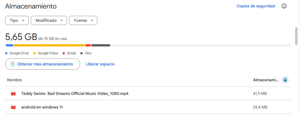 Liberar espacio de la cuenta de Google